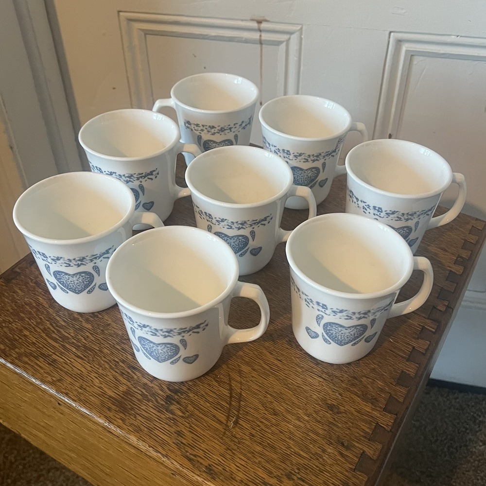 Vintage Corelle Corning Ware Set of 8 Blue Hearts Coffee Mug Tea Cups USA